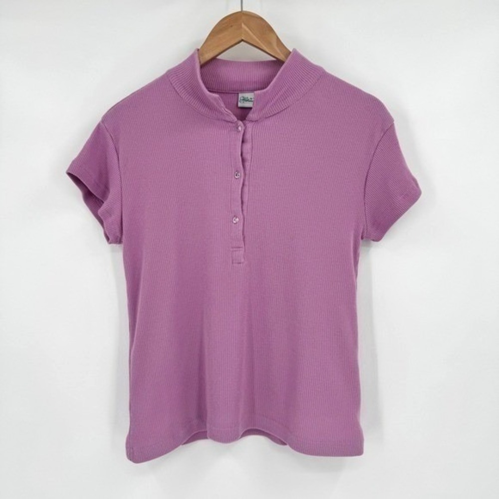 Haband Purple Ribbed 3-Button Short Sleeve Stand-Up Collared Shirt Women's M
